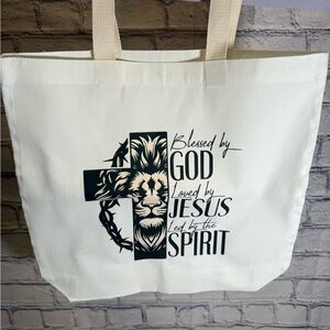 White Canvas Religious Tote Bag with Lion Cross Design